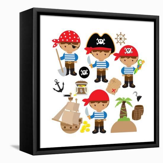 Pirate,Boy,Pirate Ship, Treasure Chest, Island, Palm Tree, Map, Skull, Jolly Roger, Parrot-Svetlana Peskin-Framed Stretched Canvas
