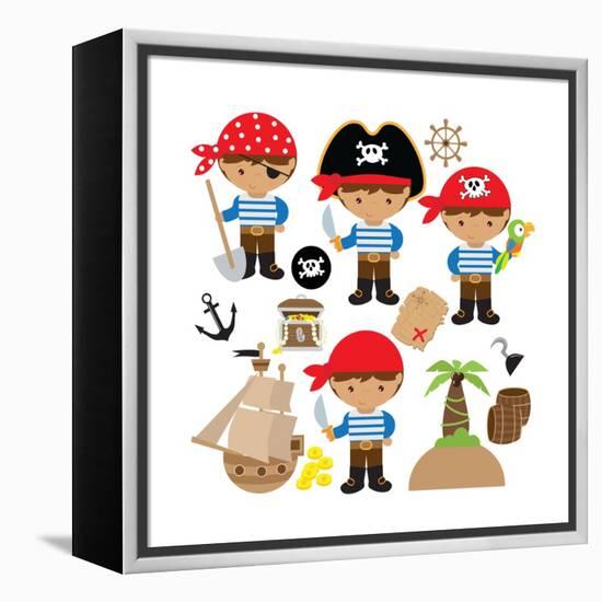 Pirate,Boy,Pirate Ship, Treasure Chest, Island, Palm Tree, Map, Skull, Jolly Roger, Parrot-Svetlana Peskin-Framed Stretched Canvas