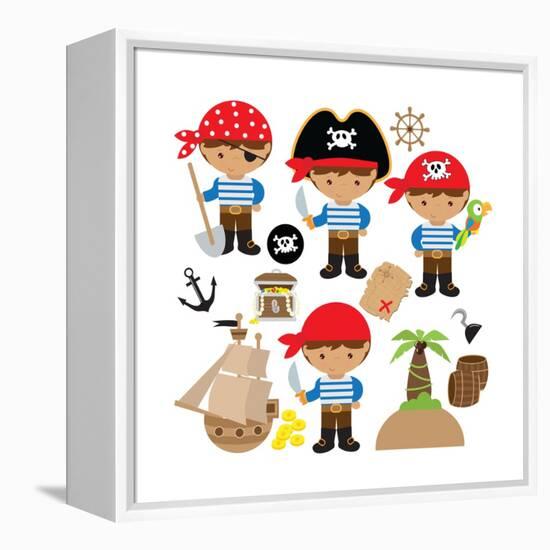 Pirate,Boy,Pirate Ship, Treasure Chest, Island, Palm Tree, Map, Skull, Jolly Roger, Parrot-Svetlana Peskin-Framed Stretched Canvas