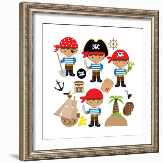 Pirate,Boy,Pirate Ship, Treasure Chest, Island, Palm Tree, Map, Skull, Jolly Roger, Parrot-Svetlana Peskin-Framed Art Print