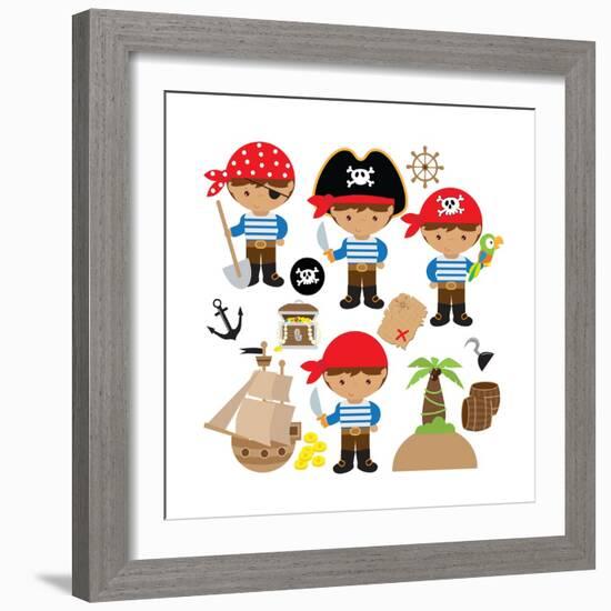 Pirate,Boy,Pirate Ship, Treasure Chest, Island, Palm Tree, Map, Skull, Jolly Roger, Parrot-Svetlana Peskin-Framed Art Print