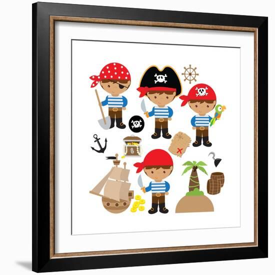 Pirate,Boy,Pirate Ship, Treasure Chest, Island, Palm Tree, Map, Skull, Jolly Roger, Parrot-Svetlana Peskin-Framed Art Print