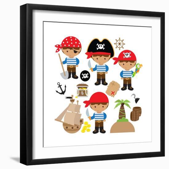 Pirate,Boy,Pirate Ship, Treasure Chest, Island, Palm Tree, Map, Skull, Jolly Roger, Parrot-Svetlana Peskin-Framed Art Print