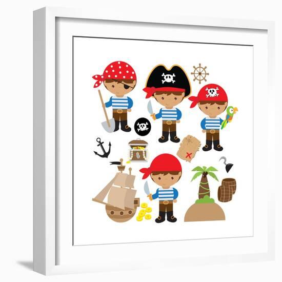 Pirate,Boy,Pirate Ship, Treasure Chest, Island, Palm Tree, Map, Skull, Jolly Roger, Parrot-Svetlana Peskin-Framed Art Print