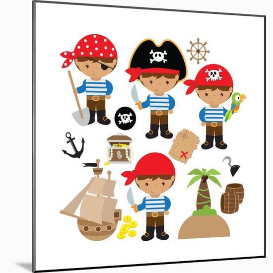 Pirate,Boy,Pirate Ship, Treasure Chest, Island, Palm Tree, Map, Skull, Jolly Roger, Parrot-Svetlana Peskin-Mounted Art Print