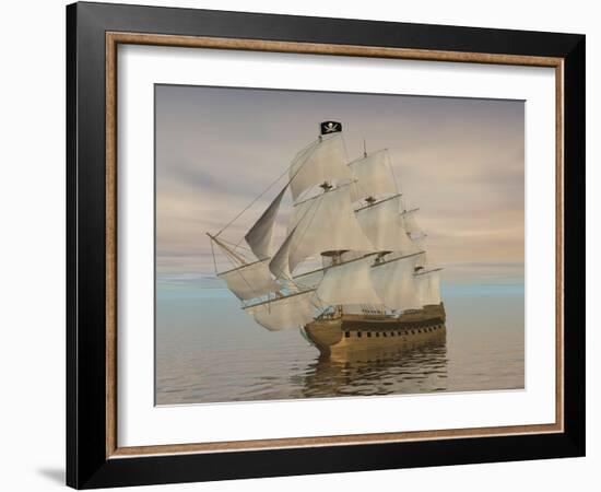 Pirate Ship with Black Jolly Roger Flag Sailing the Ocean-null-Framed Art Print