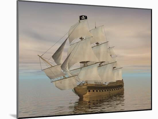 Pirate Ship with Black Jolly Roger Flag Sailing the Ocean-null-Mounted Art Print