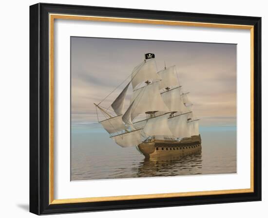 Pirate Ship with Black Jolly Roger Flag Sailing the Ocean-null-Framed Art Print