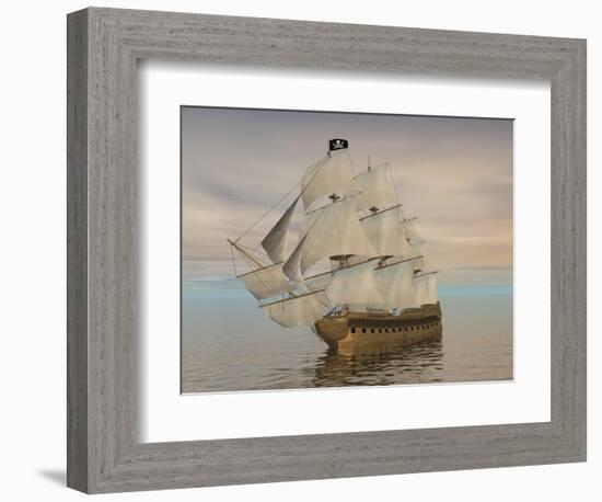 Pirate Ship with Black Jolly Roger Flag Sailing the Ocean-null-Framed Art Print