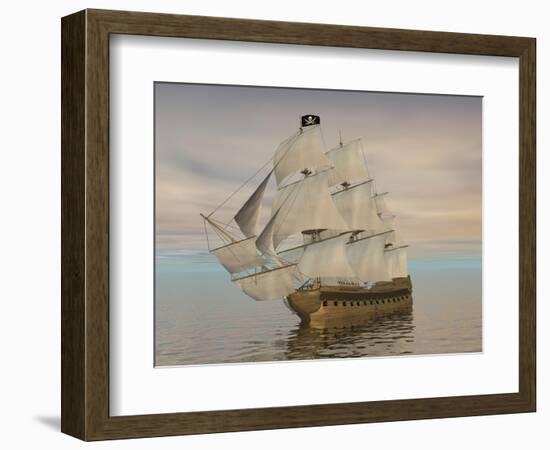 Pirate Ship with Black Jolly Roger Flag Sailing the Ocean-null-Framed Art Print