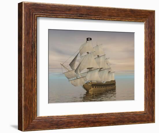 Pirate Ship with Black Jolly Roger Flag Sailing the Ocean-null-Framed Art Print