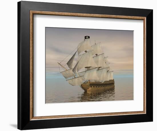 Pirate Ship with Black Jolly Roger Flag Sailing the Ocean-null-Framed Art Print