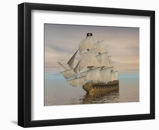 Pirate Ship with Black Jolly Roger Flag Sailing the Ocean-null-Framed Art Print