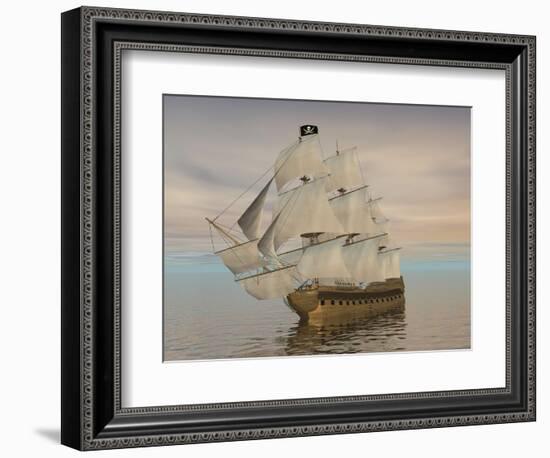 Pirate Ship with Black Jolly Roger Flag Sailing the Ocean-null-Framed Art Print