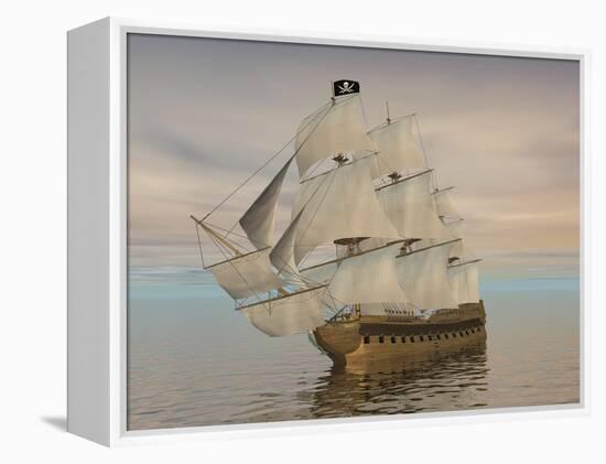 Pirate Ship with Black Jolly Roger Flag Sailing the Ocean-null-Framed Stretched Canvas