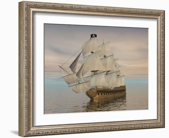 Pirate Ship with Black Jolly Roger Flag Sailing the Ocean-null-Framed Premium Giclee Print