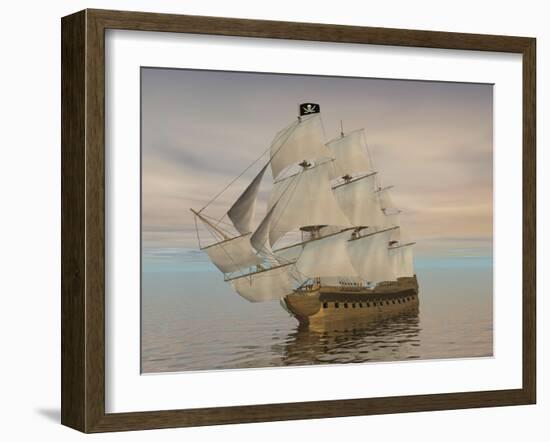 Pirate Ship with Black Jolly Roger Flag Sailing the Ocean-null-Framed Premium Giclee Print