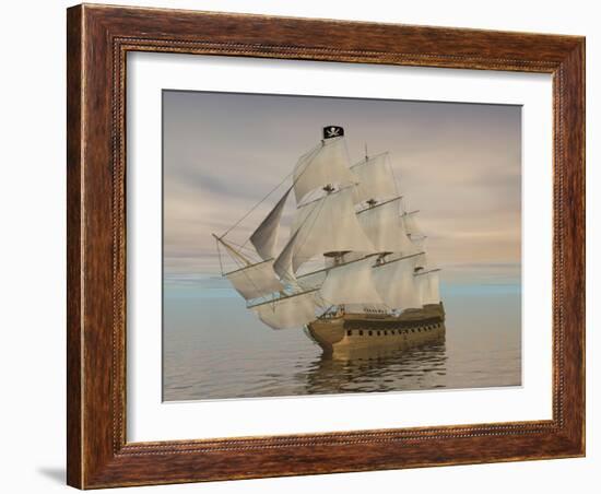 Pirate Ship with Black Jolly Roger Flag Sailing the Ocean-null-Framed Premium Giclee Print