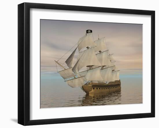 Pirate Ship with Black Jolly Roger Flag Sailing the Ocean-null-Framed Premium Giclee Print