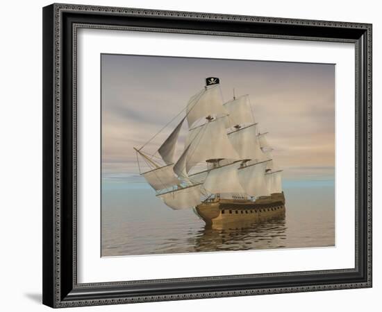 Pirate Ship with Black Jolly Roger Flag Sailing the Ocean-null-Framed Premium Giclee Print