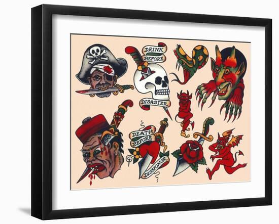 Pirates & Skulls Vintage Tattoo Flash by Norman Collins, aka, Sailor Jerry-null-Framed Art Print