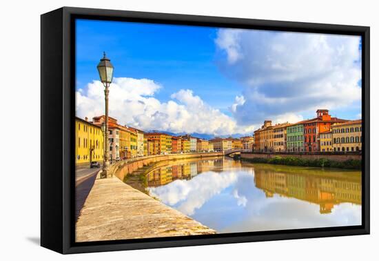 Pisa, Arno River, Lamp and Buildings Reflection. Lungarno View. Tuscany, Italy-stevanzz-Framed Premier Image Canvas