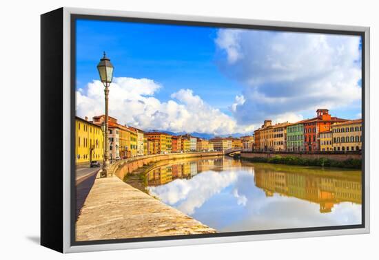 Pisa, Arno River, Lamp and Buildings Reflection. Lungarno View. Tuscany, Italy-stevanzz-Framed Premier Image Canvas