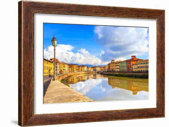 Pisa, Arno River, Lamp and Buildings Reflection. Lungarno View. Tuscany, Italy-stevanzz-Framed Photographic Print