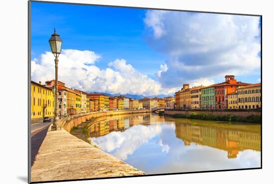 Pisa, Arno River, Lamp and Buildings Reflection. Lungarno View. Tuscany, Italy-stevanzz-Mounted Photographic Print