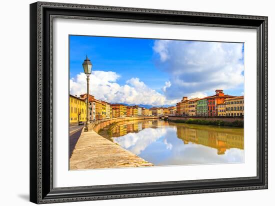 Pisa, Arno River, Lamp and Buildings Reflection. Lungarno View. Tuscany, Italy-stevanzz-Framed Photographic Print