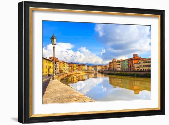 Pisa, Arno River, Lamp and Buildings Reflection. Lungarno View. Tuscany, Italy-stevanzz-Framed Photographic Print