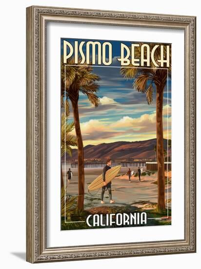 Pismo Beach, California - Surfer and Pier-Lantern Press-Framed Art Print