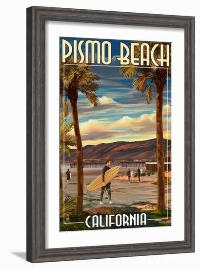 Pismo Beach, California - Surfer and Pier-Lantern Press-Framed Art Print