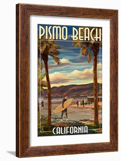 Pismo Beach, California - Surfer and Pier-Lantern Press-Framed Art Print