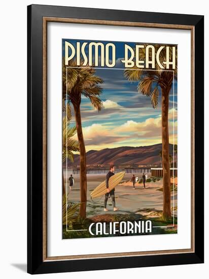 Pismo Beach, California - Surfer and Pier-Lantern Press-Framed Art Print