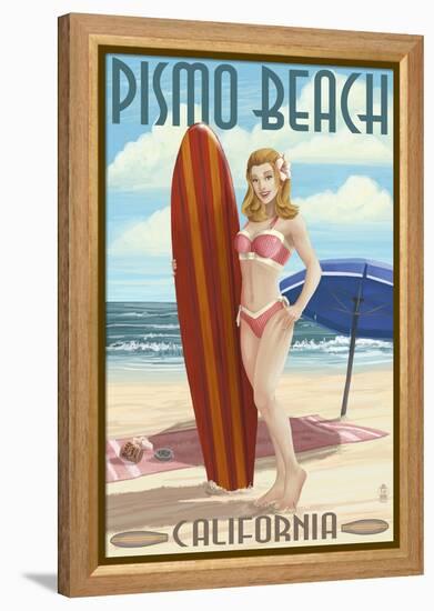 Pismo Beach, California - Surfer Pinup Girl-Lantern Press-Framed Stretched Canvas