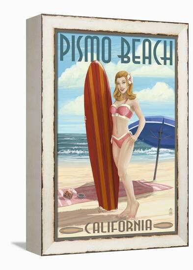 Pismo Beach, California - Surfer Pinup Girl-Lantern Press-Framed Stretched Canvas