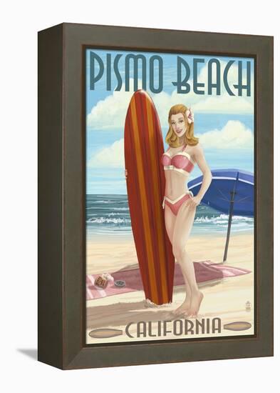 Pismo Beach, California - Surfer Pinup Girl-Lantern Press-Framed Stretched Canvas