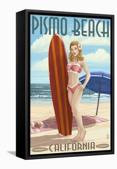 Pismo Beach, California - Surfer Pinup Girl-Lantern Press-Framed Stretched Canvas