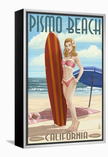 Pismo Beach, California - Surfer Pinup Girl-Lantern Press-Framed Stretched Canvas