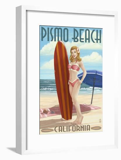 Pismo Beach, California - Surfer Pinup Girl-Lantern Press-Framed Art Print