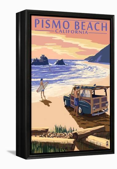 Pismo Beach, California - Woody and Beach-Lantern Press-Framed Stretched Canvas