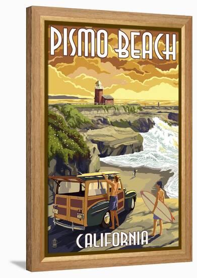 Pismo Beach, California - Woody and Lighthouse-Lantern Press-Framed Stretched Canvas