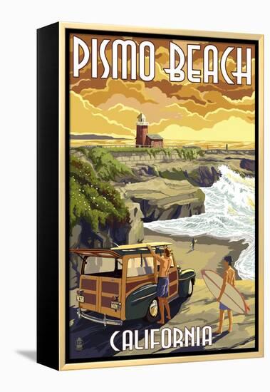 Pismo Beach, California - Woody and Lighthouse-Lantern Press-Framed Stretched Canvas
