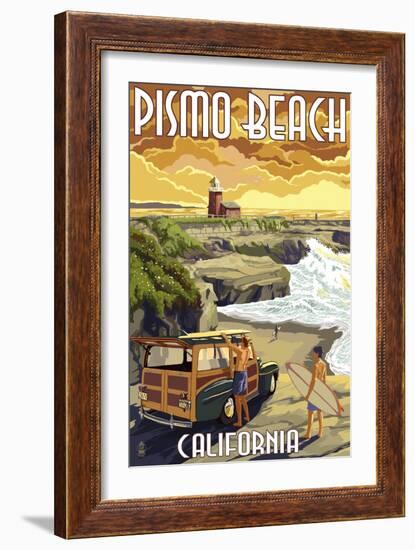 Pismo Beach, California - Woody and Lighthouse-Lantern Press-Framed Art Print