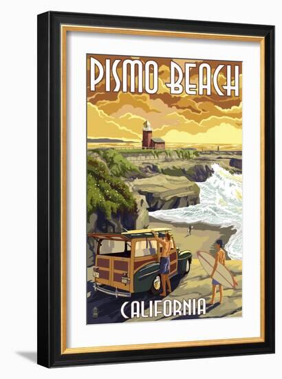 Pismo Beach, California - Woody and Lighthouse-Lantern Press-Framed Art Print