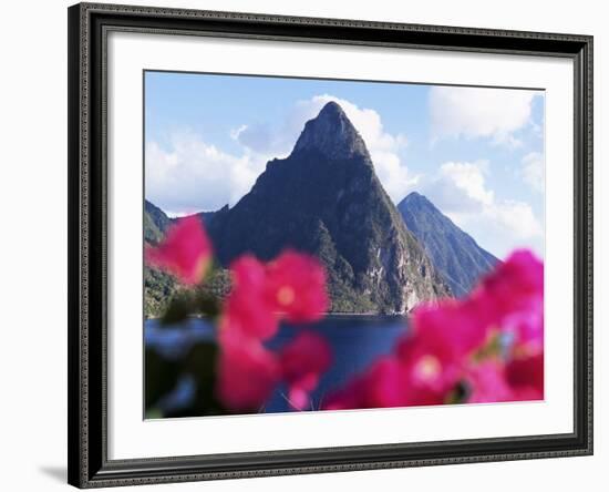 Pitons Volcanic Mountains, with Bougainvillea Flowers in Foreground, St. Lucia, West Indies-Yadid Levy-Framed Photographic Print