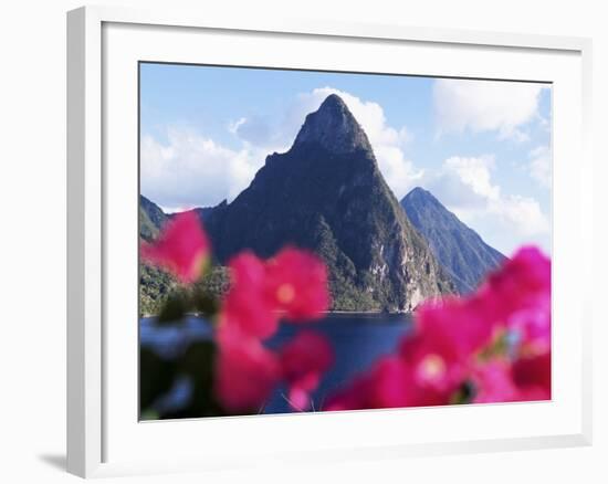 Pitons Volcanic Mountains, with Bougainvillea Flowers in Foreground, St. Lucia, West Indies-Yadid Levy-Framed Photographic Print