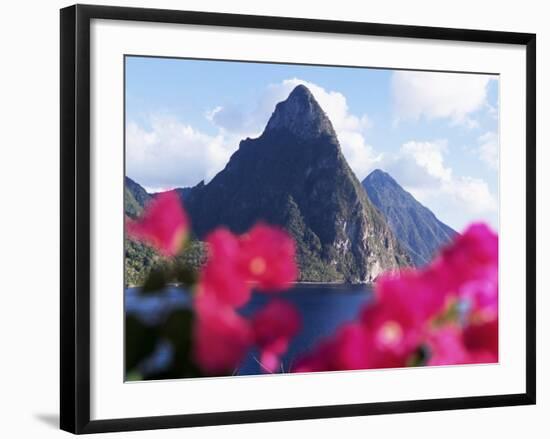 Pitons Volcanic Mountains, with Bougainvillea Flowers in Foreground, St. Lucia, West Indies-Yadid Levy-Framed Photographic Print