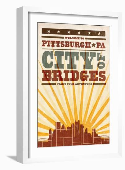 Pittsburgh, Pennsylvania - Skyline and Sunburst Screenprint Style-Lantern Press-Framed Art Print